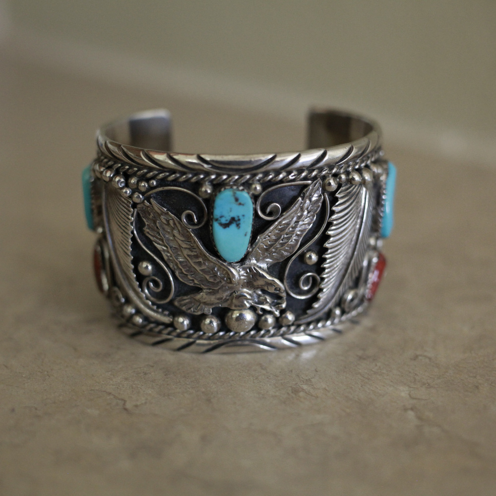 Sterling Silver Turquoise Coral Eagle Cuff